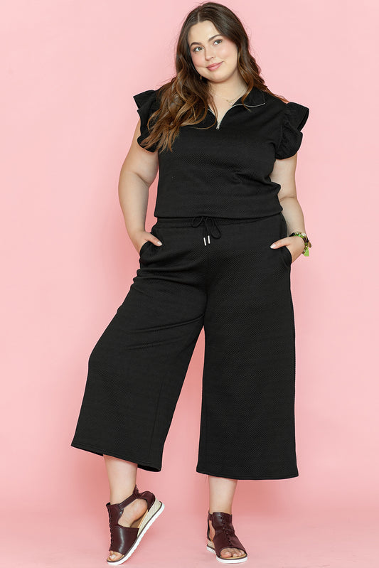 Plus Size Ruffled Sleeve Wide Leg Pants Set