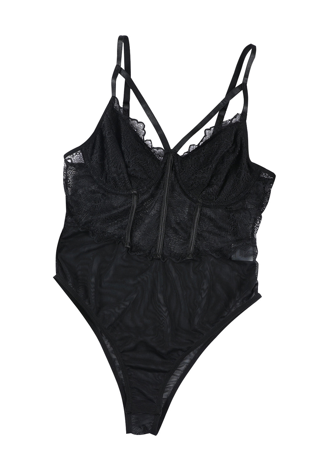 Black Spaghetti Straps Lace Panel Bodysuit