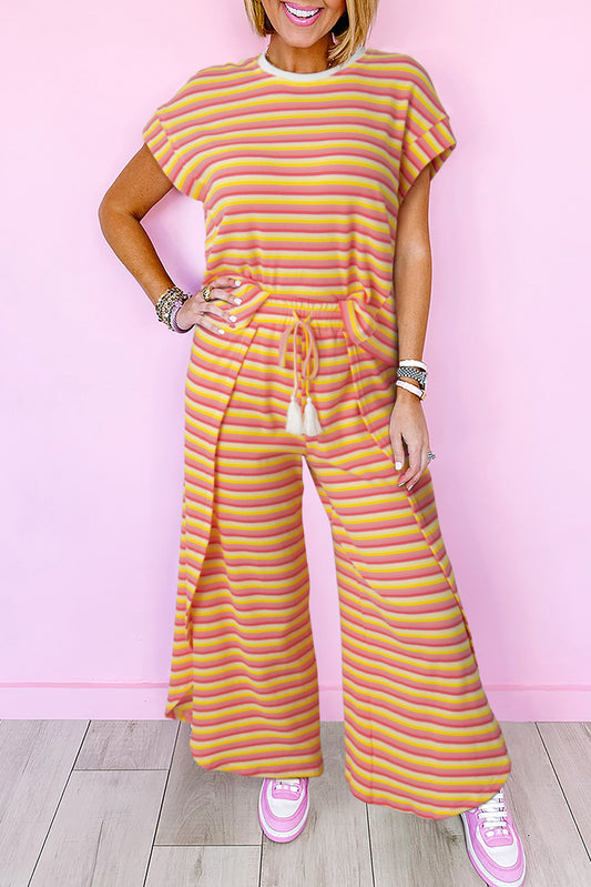 Yellow Striped Tasseled Tee & Wide Leg Pants Set