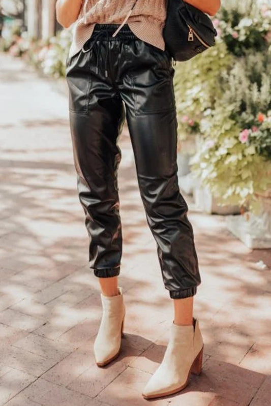 Black Faux Leather Look Drawstring Cropped Pants