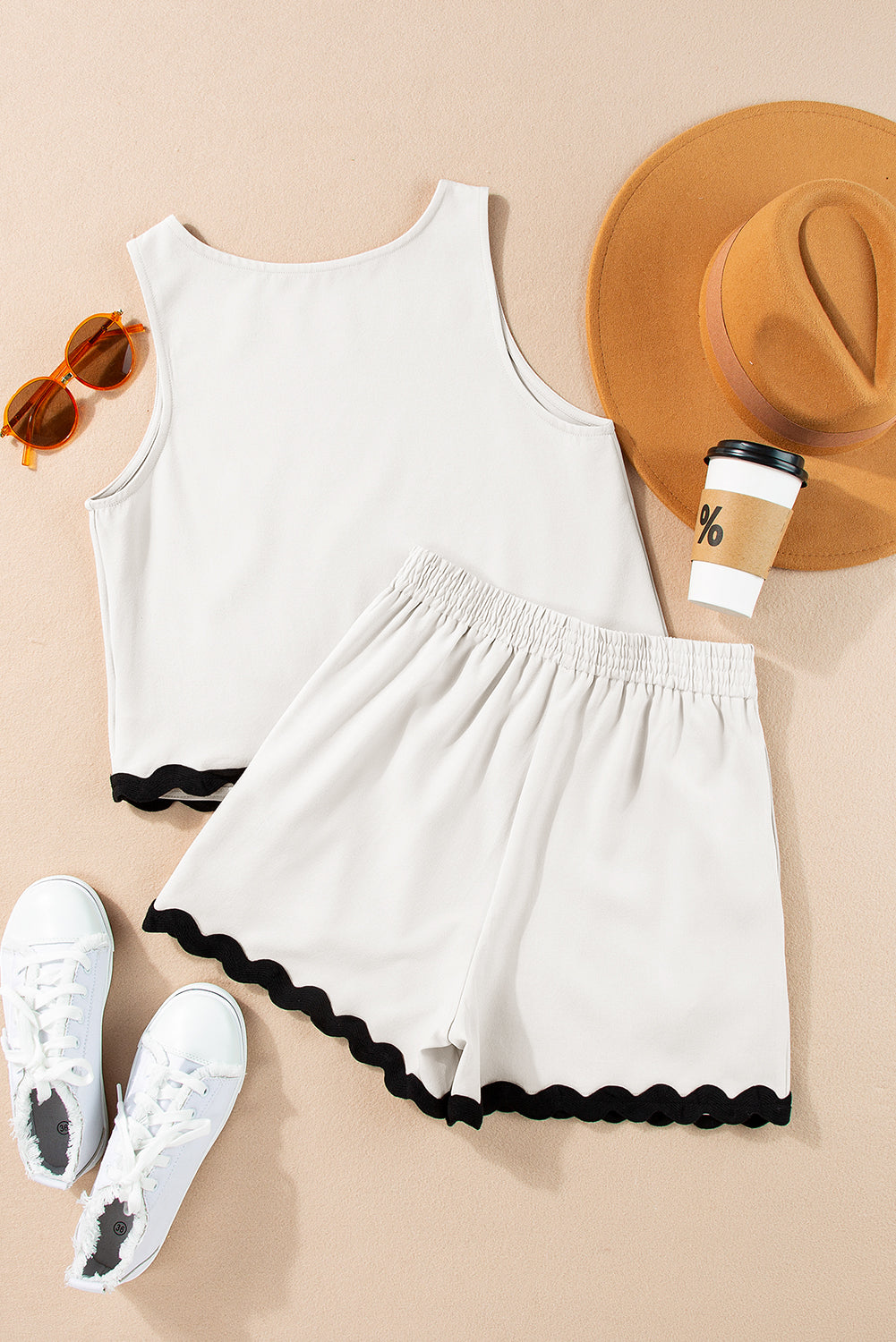 White Ricrac Trim Tank Top Shorts Set