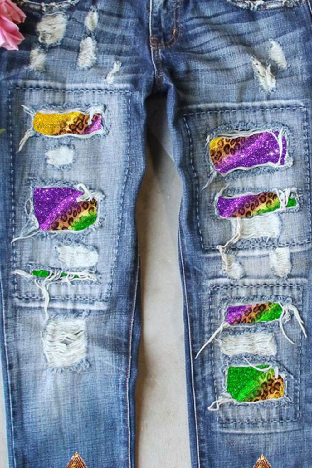 Sequin Distressed Straight Jeans