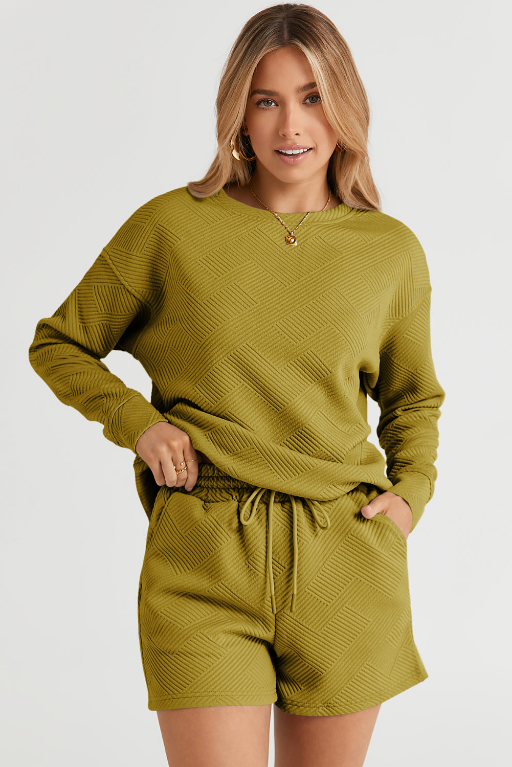 Green Textured Long Sleeve Top and Drawstring Shorts Set