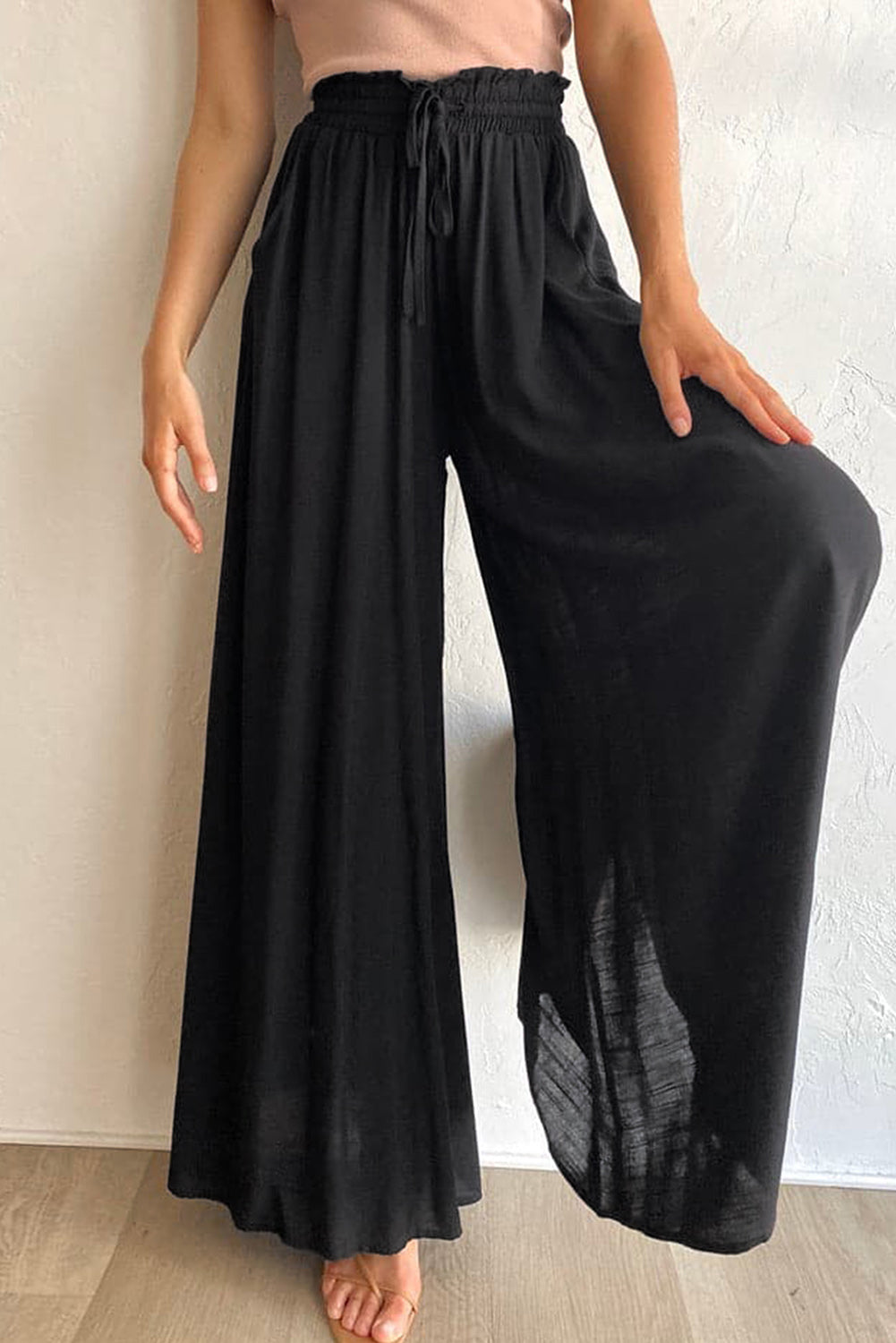 Black Drawstring High Waist Wide Leg Pants