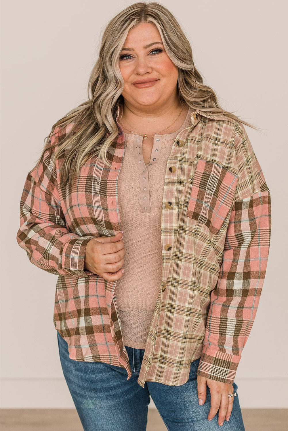 Plus Size Color Block Plaid Long Sleeve Shirt