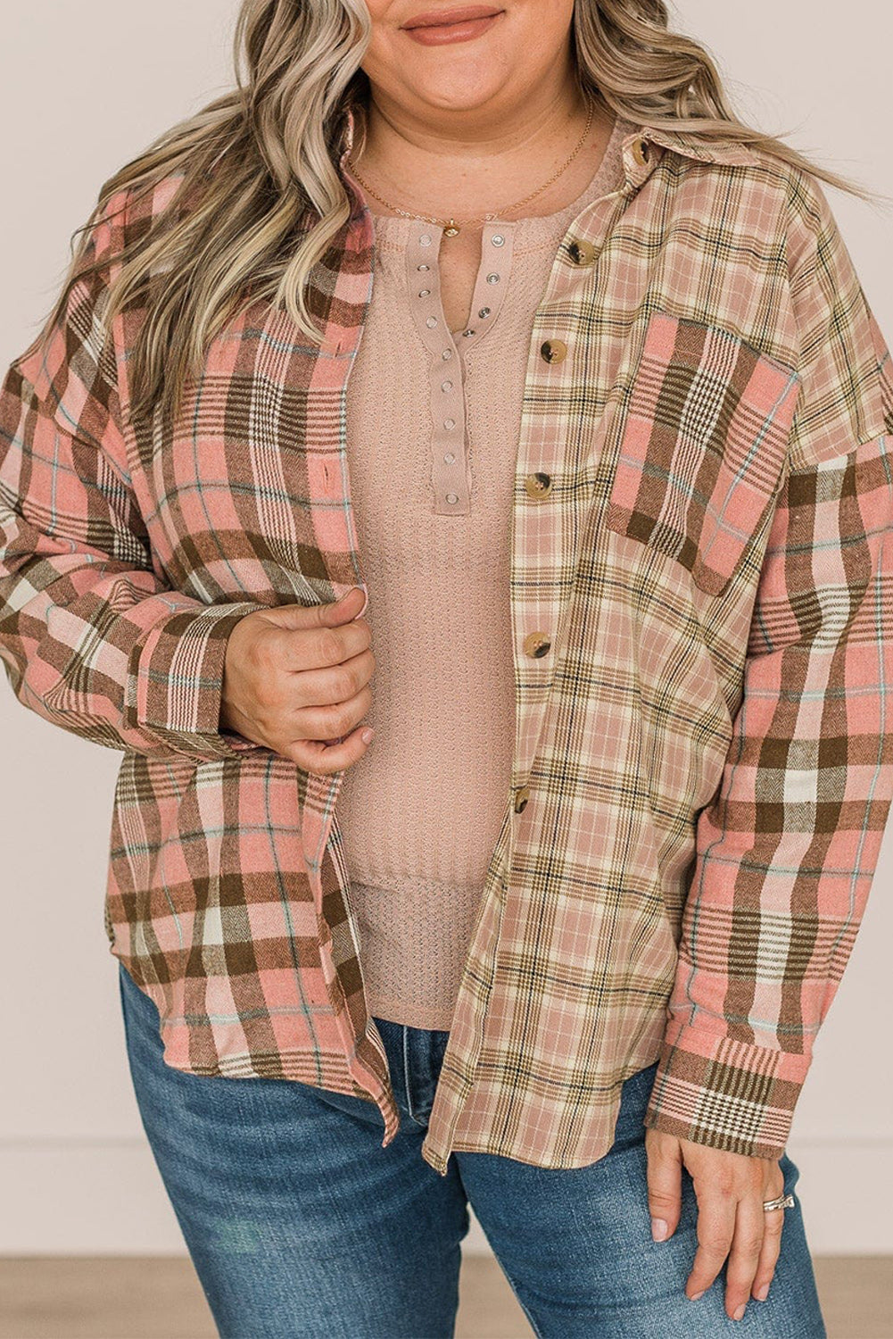 Plus Size Color Block Plaid Long Sleeve Shirt