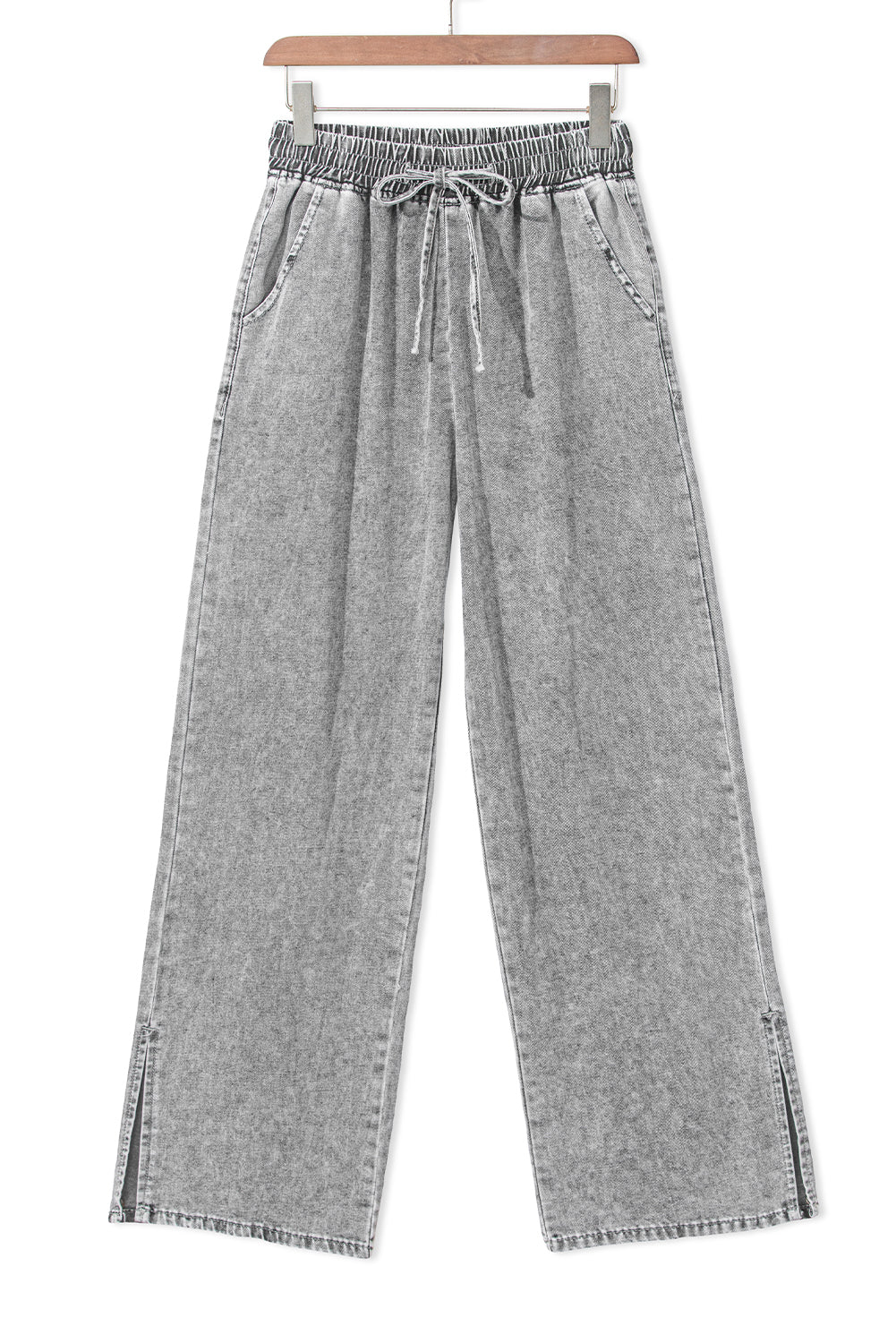 Grey Drawstring Elastic Waist Wide Leg Jeans