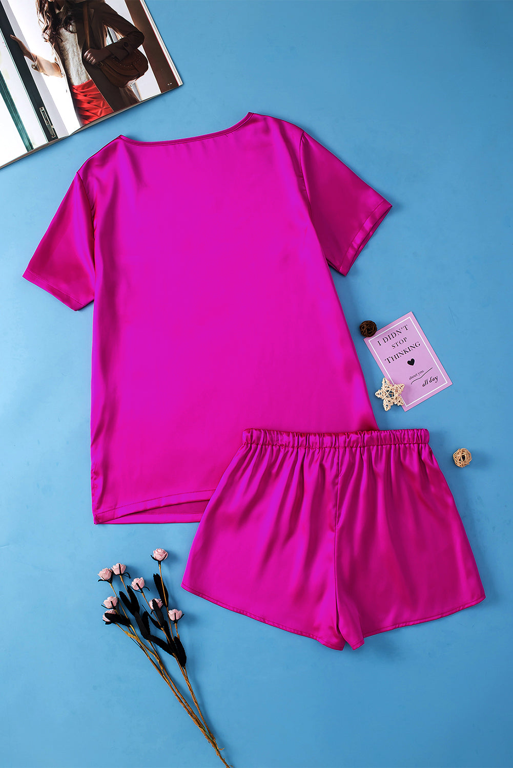 Bright Pink Satin Loungewear Shorts Set