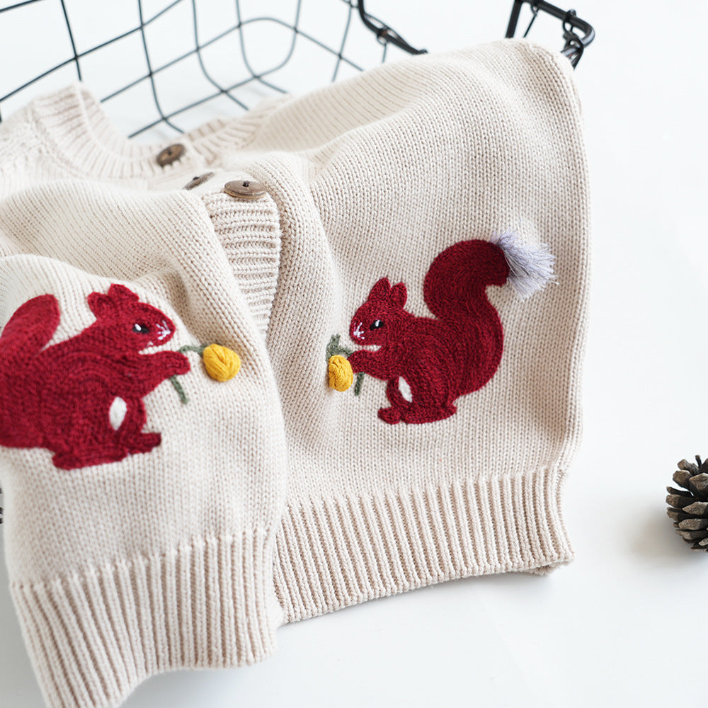 Kids' Cotton Sweater Squirrel Embroidery