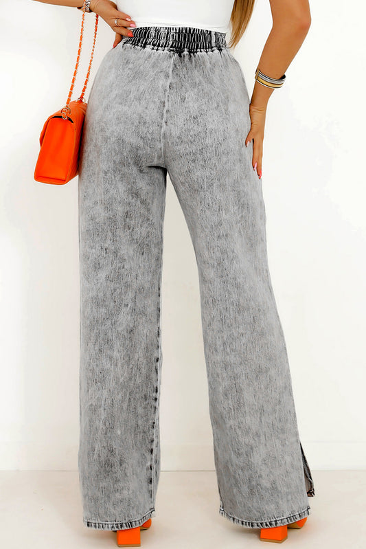 Grey Drawstring Elastic Waist Wide Leg Jeans