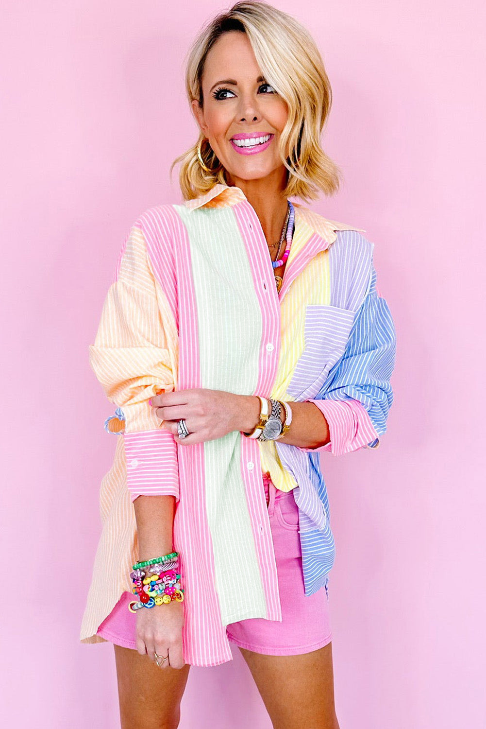 Pink Stripe Color Block Oversized Shirt