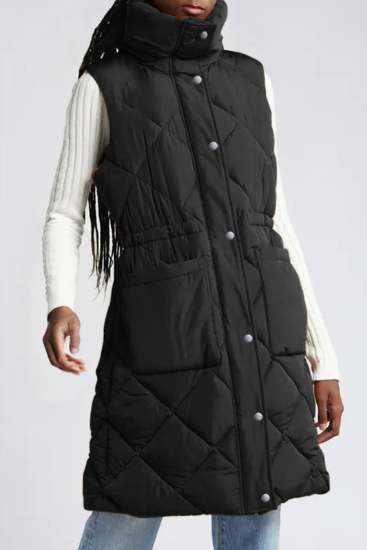 Black Quilted Stand Collar Pocketed Vest Coat