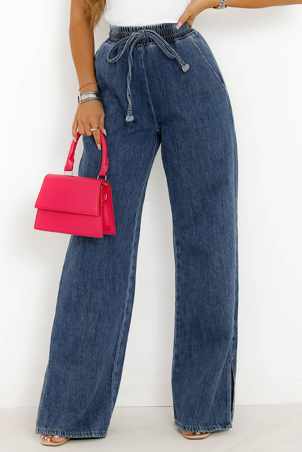 Washed Out Drawstring Waist Wide Leg Jeans