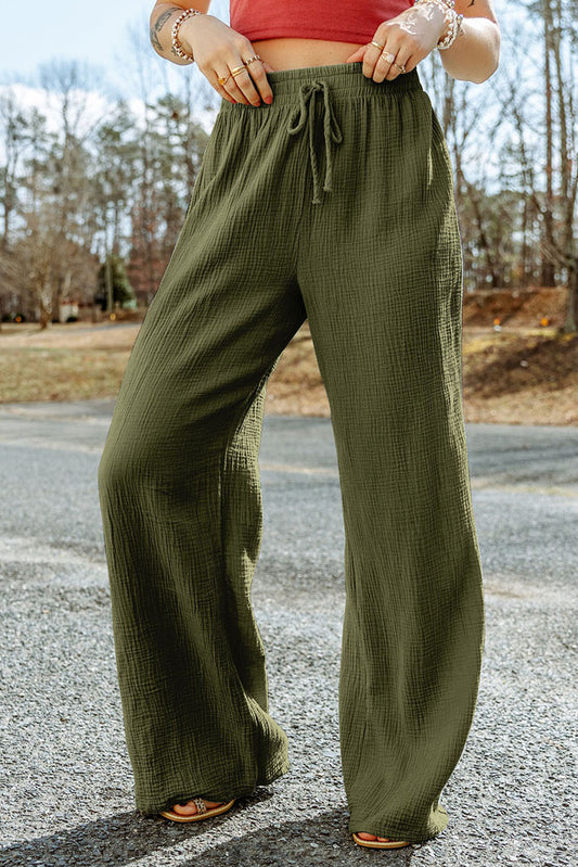 Green Crinkle Textured Wide Leg Dress Pants