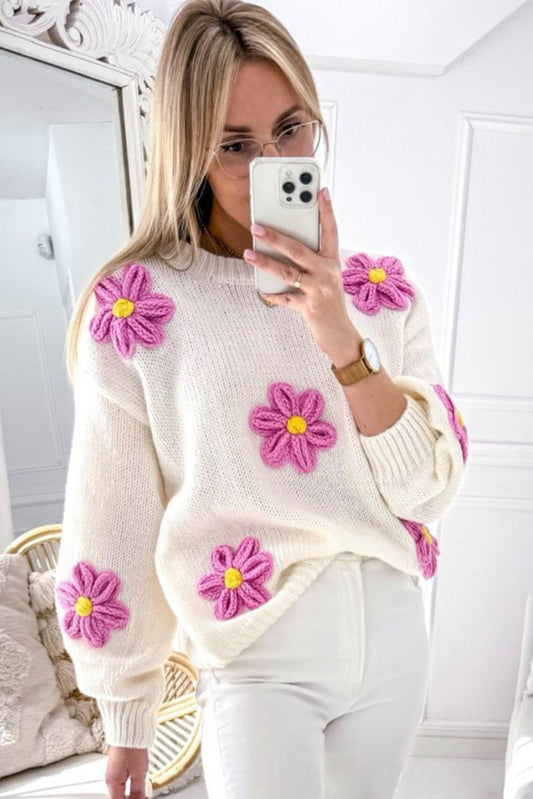 White Plus Size Crochet Flower Sweater