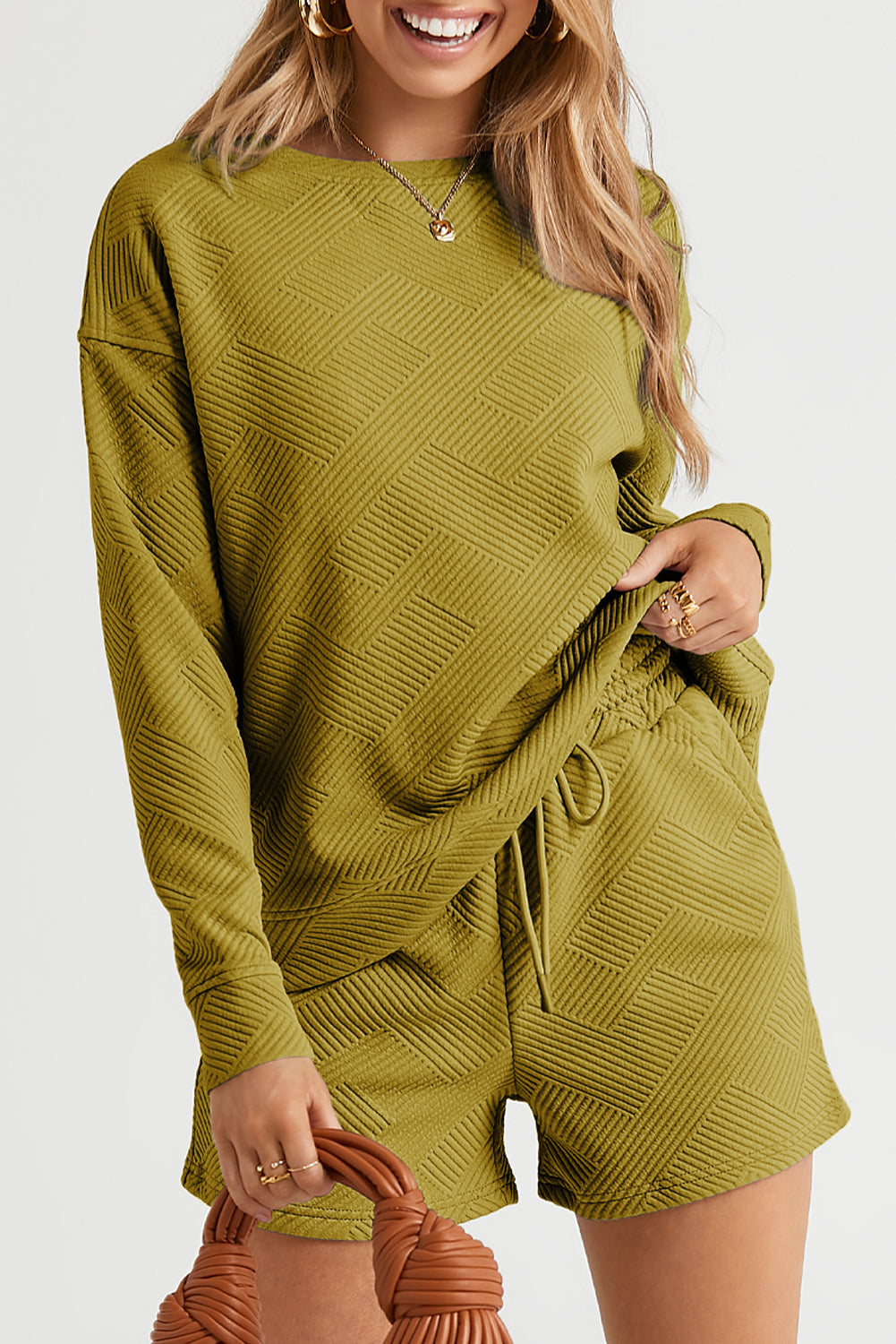 Green Textured Long Sleeve Top and Drawstring Shorts Set