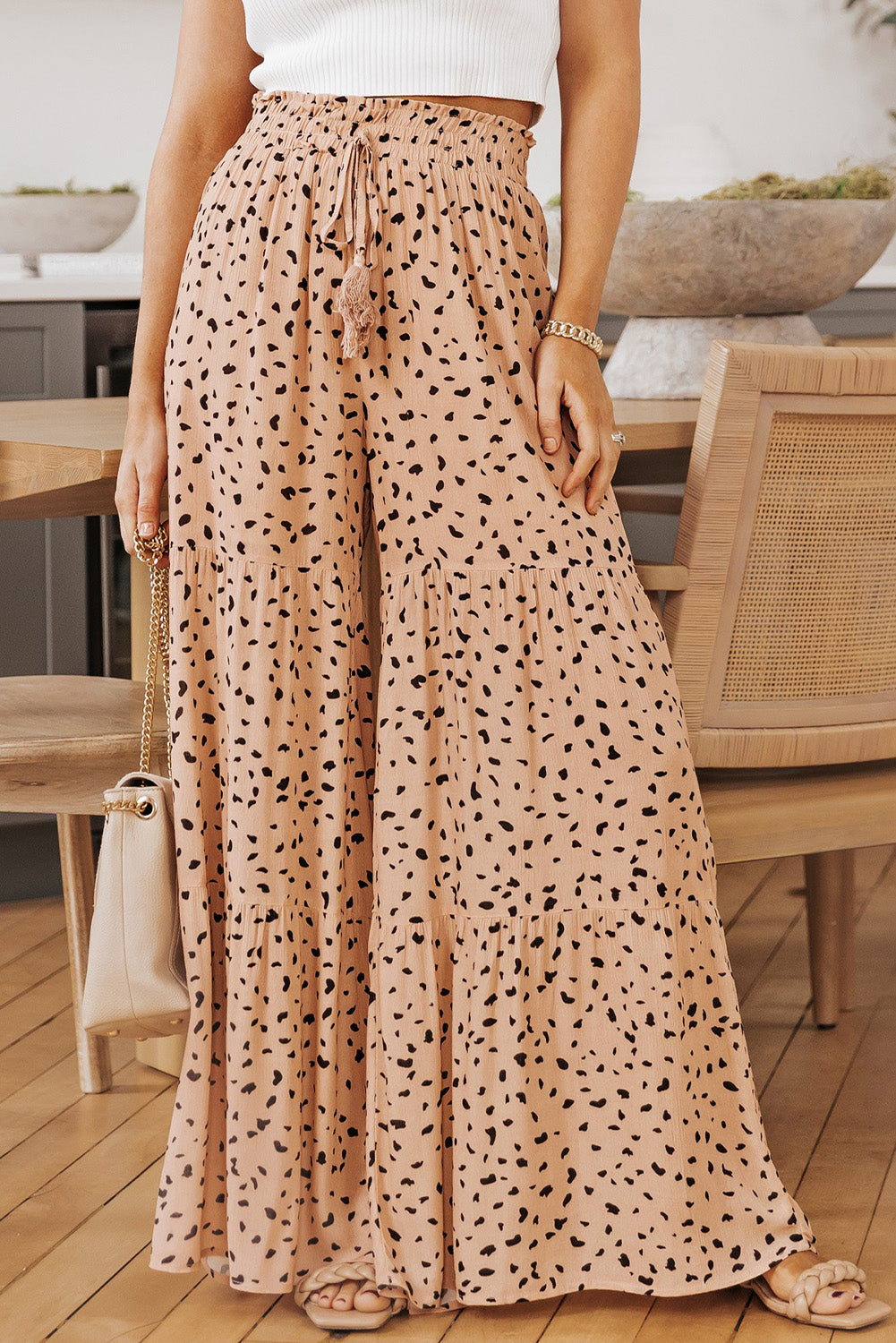 Brown Ruffle Wide Leg Palazzo Pants