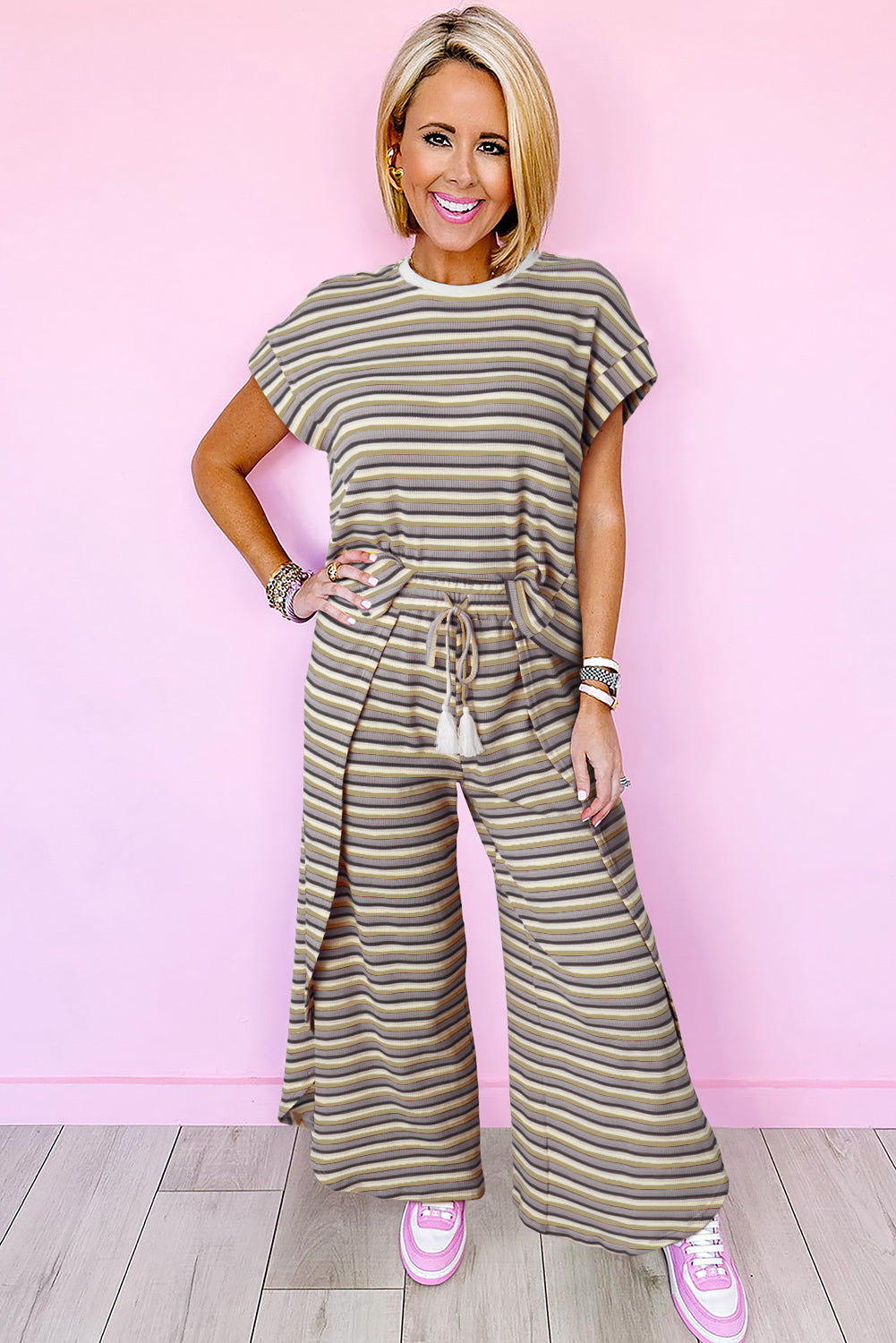 Striped Tassel Tee & Wide Leg Pants Set