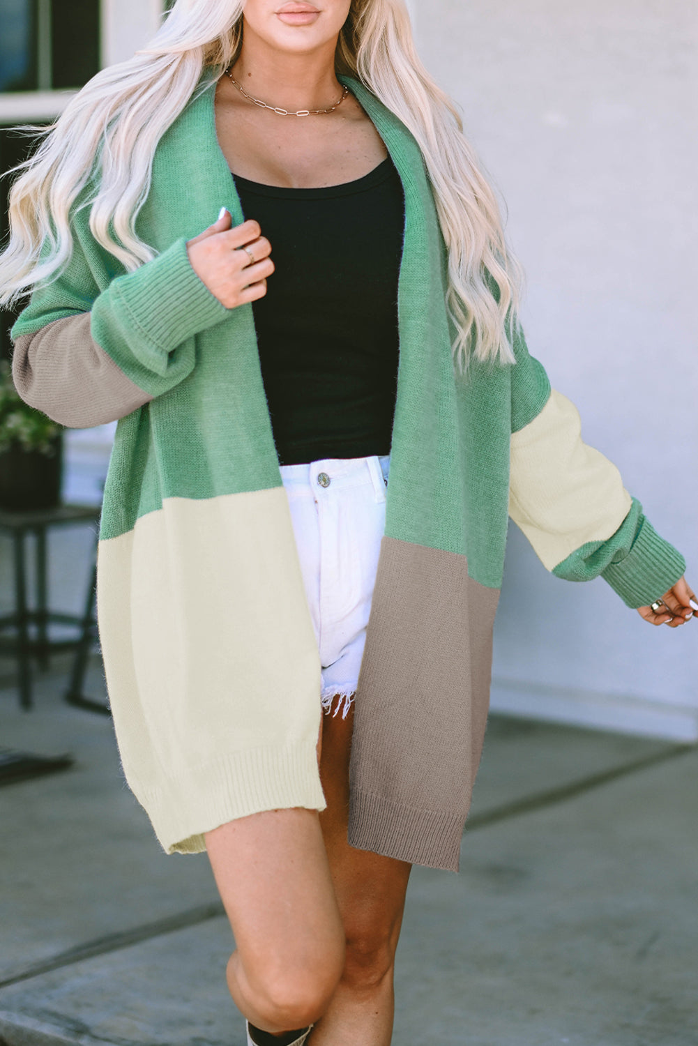 Green Colorblock Open Front Oversized Cardigan