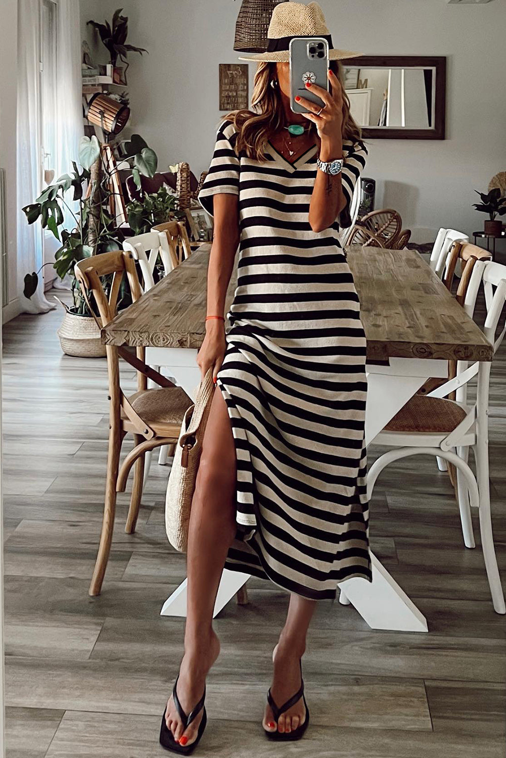 Black Stripe Print Maxi Dress with Side Splits