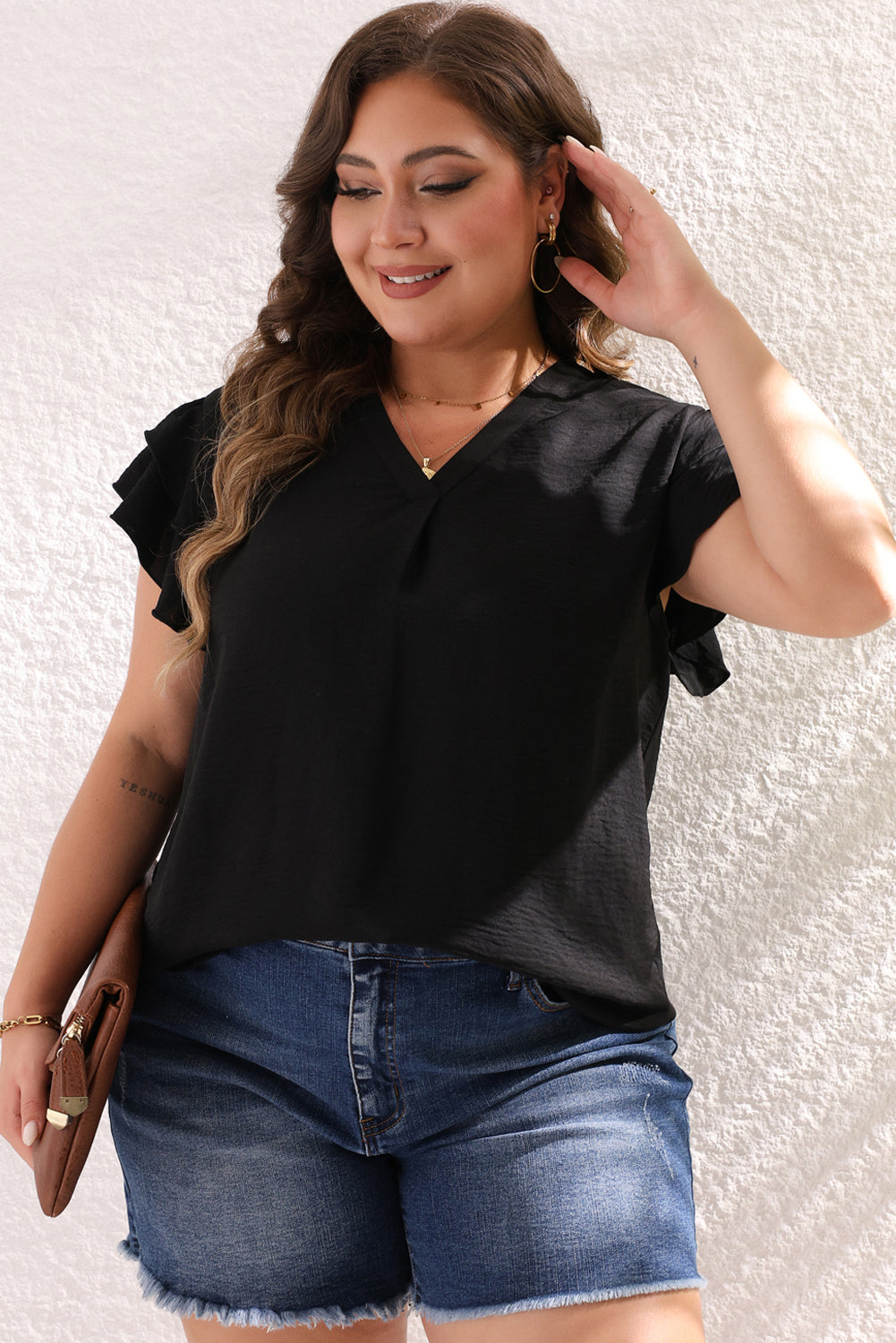 Black Ruffled Short Sleeve Plus Size Blouse