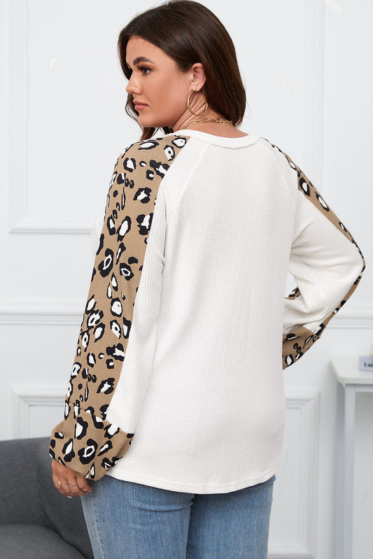 Beige Printed Plus Size Waffle Knit Contrast Leopard Long Sleeve Top