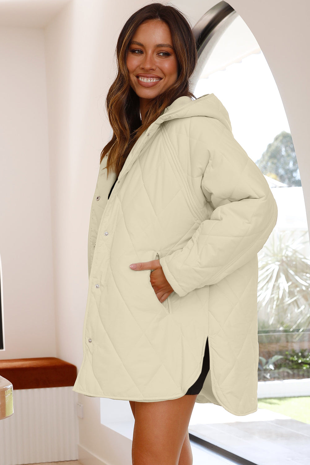 Beige Quilted Hooded Puffer Coat