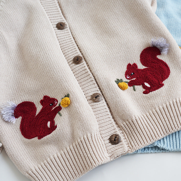 Kids' Cotton Sweater Squirrel Embroidery