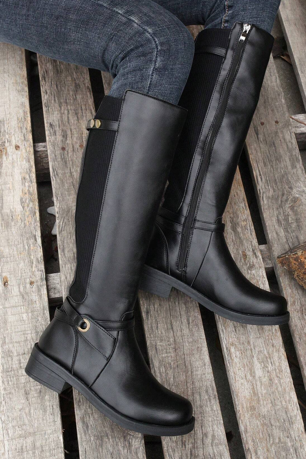 Black Side Zipper Knee High Boots