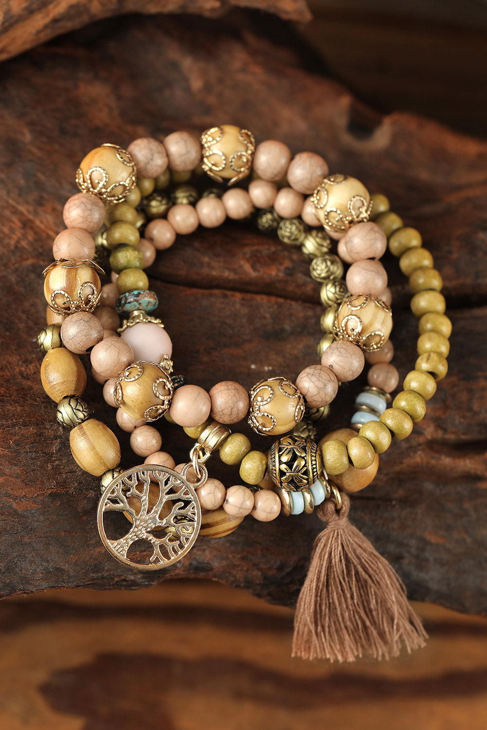 Brown Tree Of Life Charm Wood Beads Bracelet