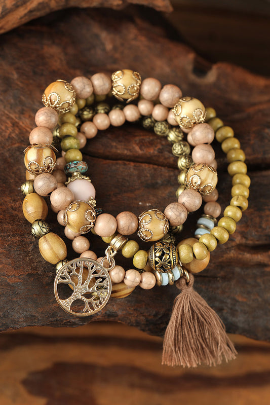 Brown Tree Of Life Charm Wood Beads Bracelet