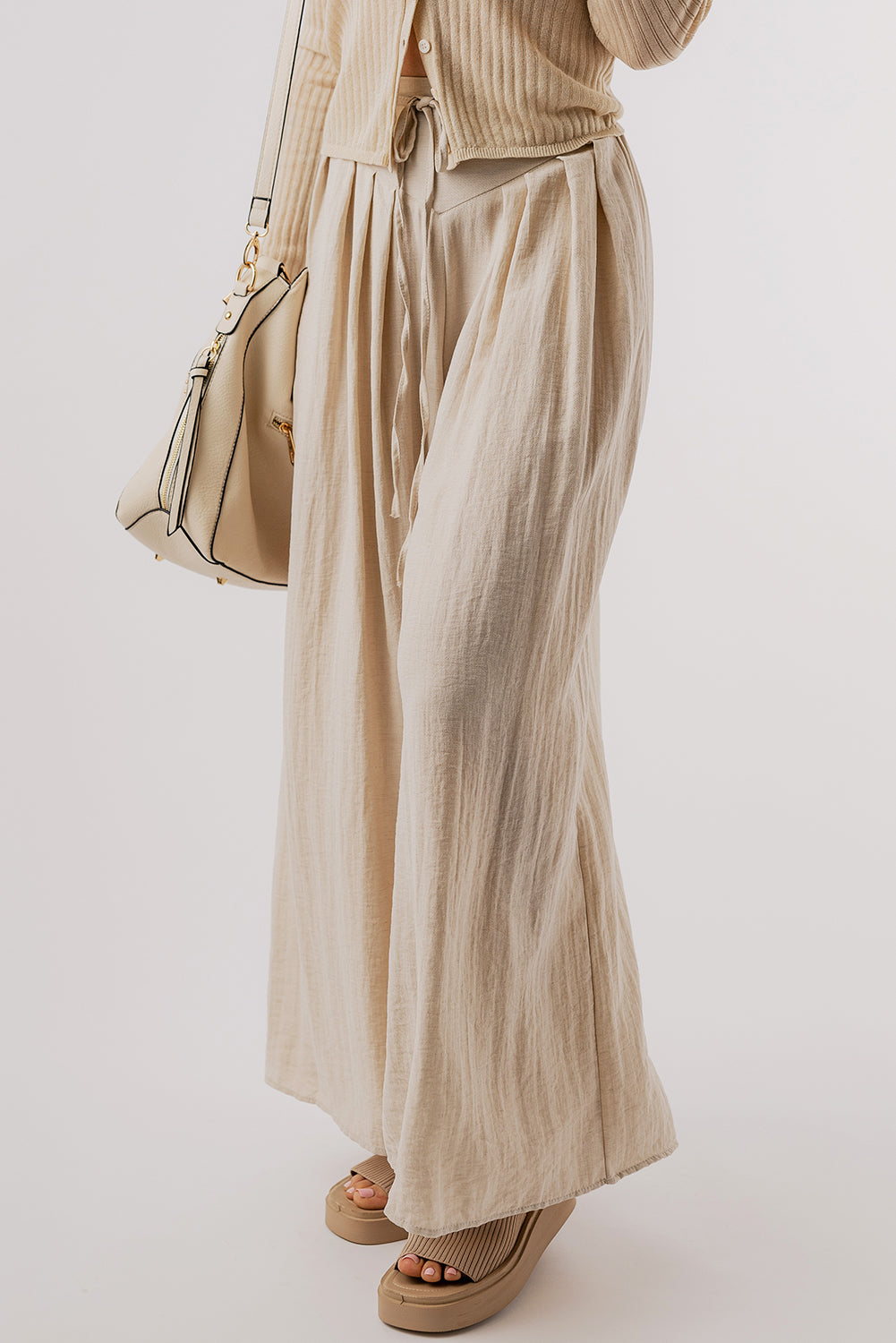 Beige Drawstring Pleated Wide Leg Pants