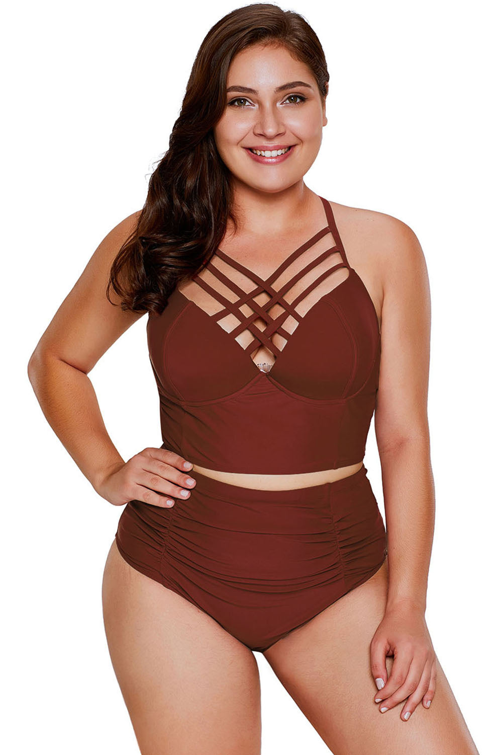 Black Strappy Neck Detail High Waist Plus Size Swimsuit