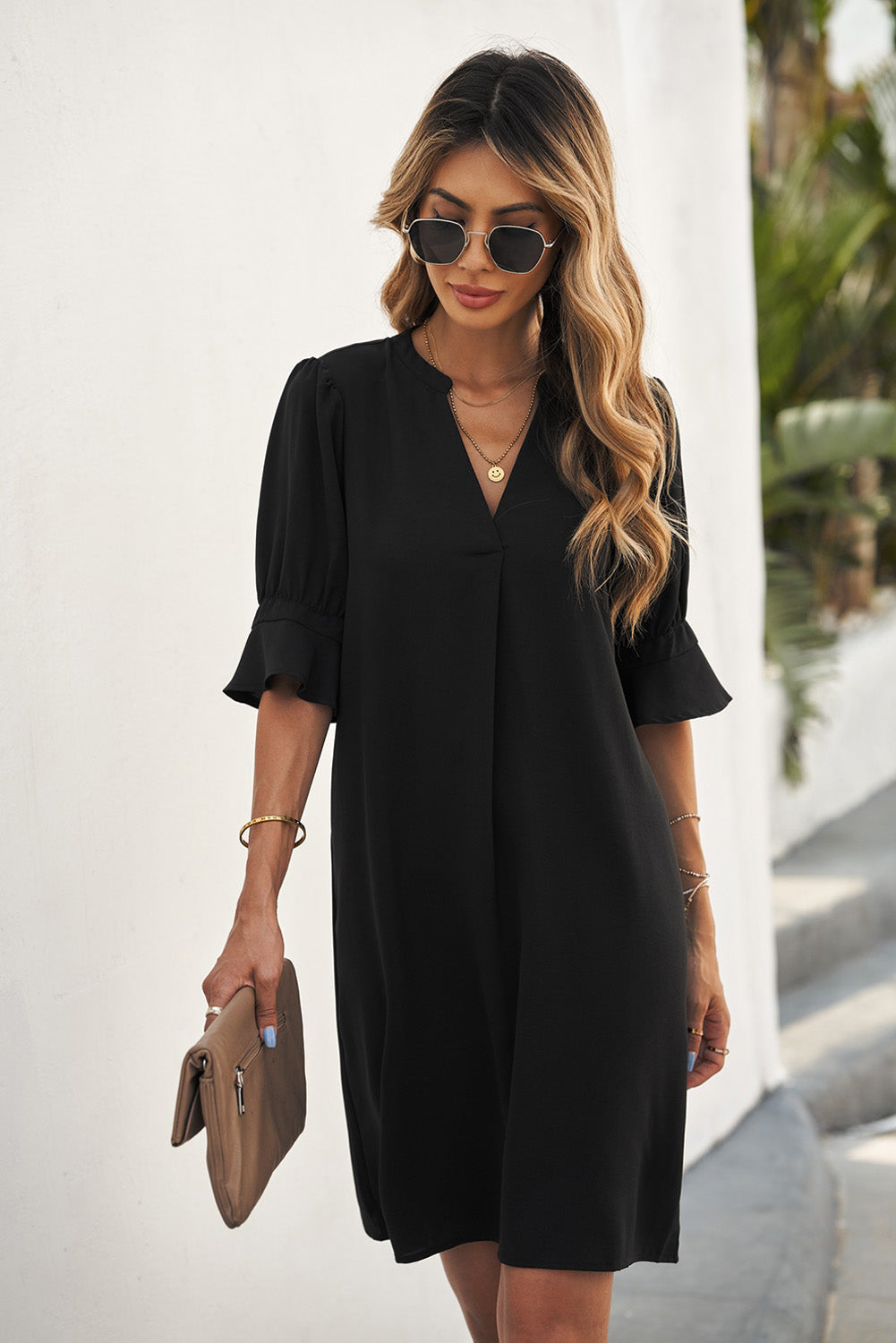 Black Ruffled Sleeve Shift Dress