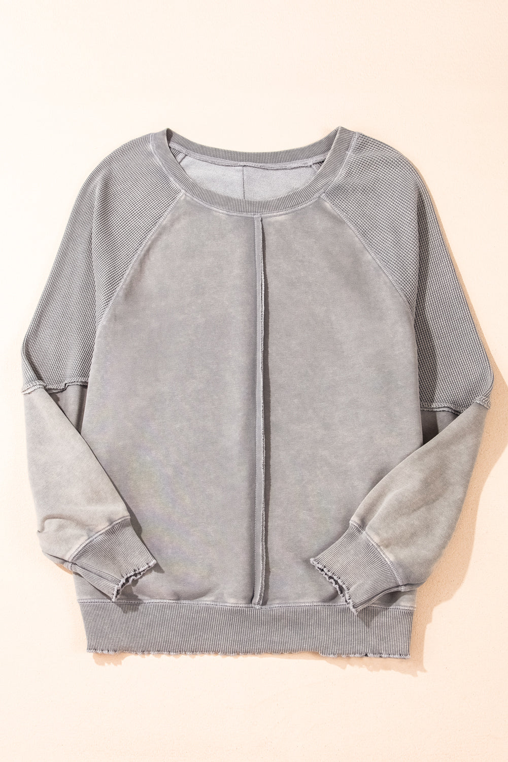 Waffle Patchwork Raglan Sleeve Exposed Seam Sweatshirt