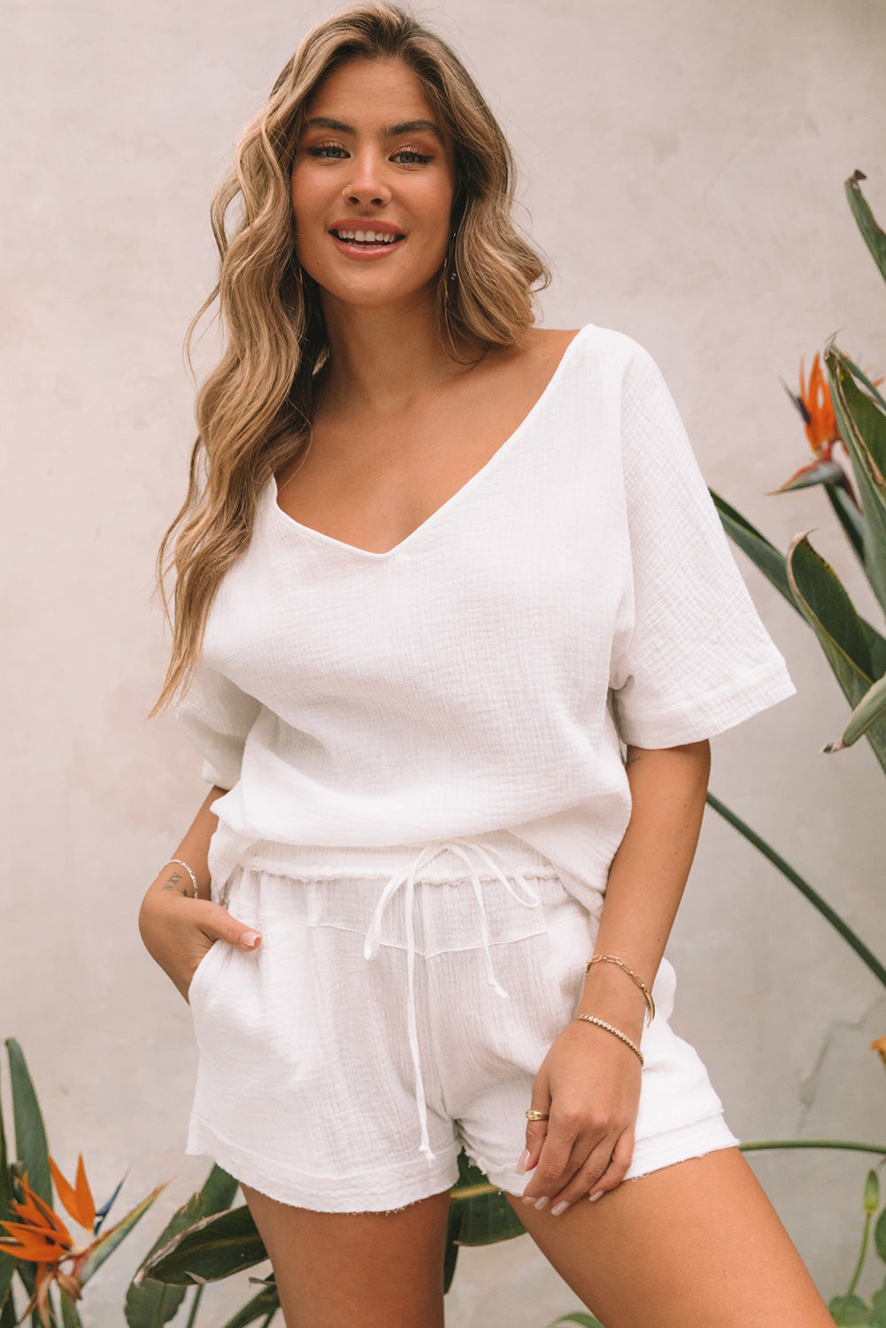 White Relaxed Off Shoulder Blouse and Drawstring Shorts Set