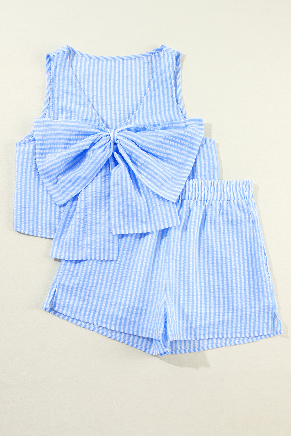 Sky Blue Stripe Crop Tank and Shorts Set