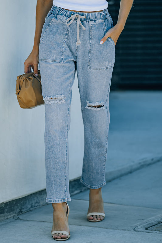 Sky Blue Distressed Pocketed Denim Jogger