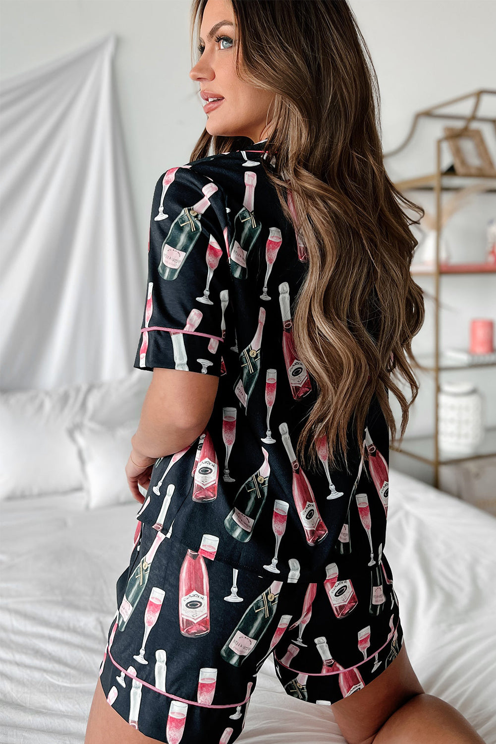 Black Champagne Print Silky Pajamas Set