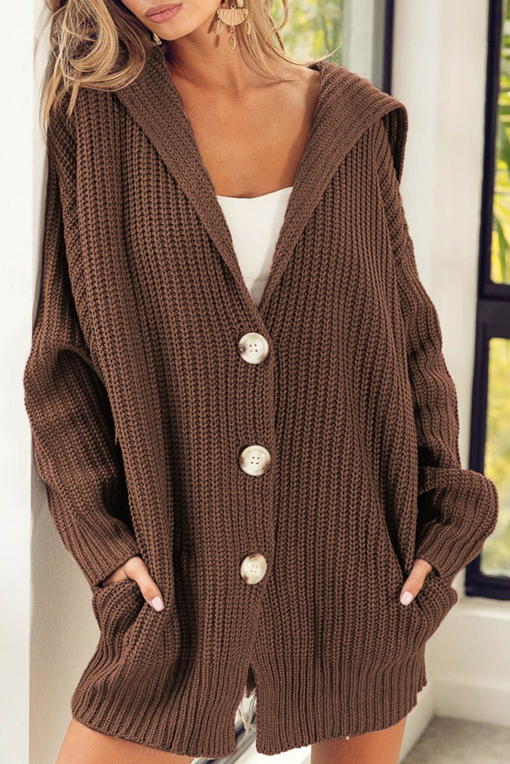 Brown Chunky Lapel Collar Button up Cardigan