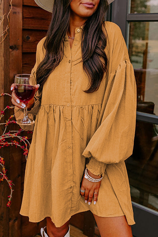 French Beige Loose Bishop Sleeve Shirt Dress