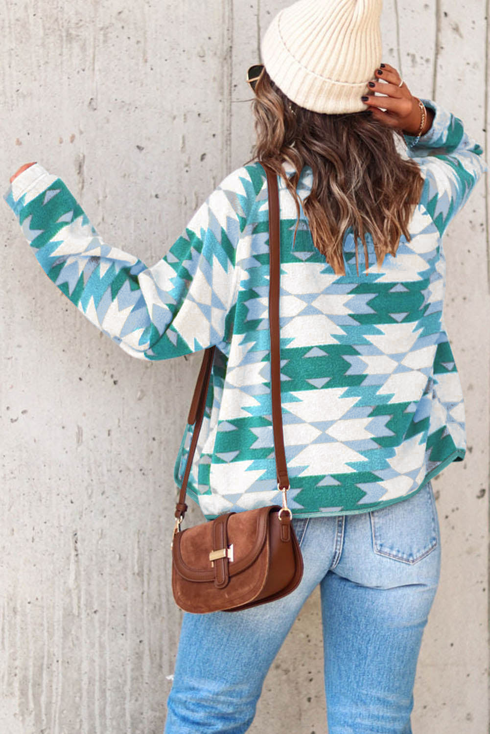 Plus Green Geometric Aztec Pattern  Fleece Jacket