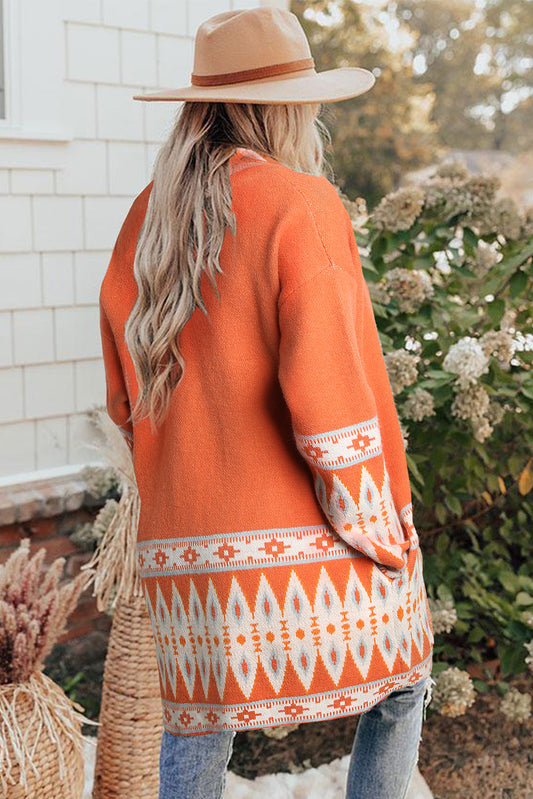 Orange Aztec Print Knitted Cardigan