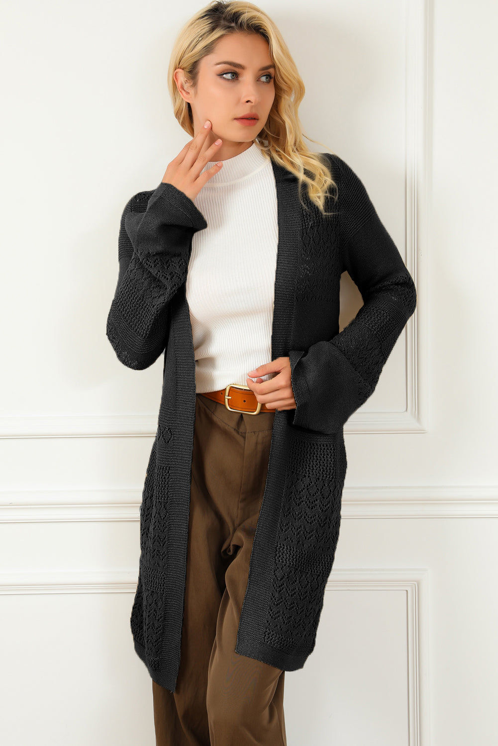 Pointelle Knit Open Front Cardigan