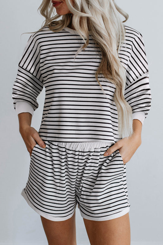 Black Striped 3/4 Sleeve Top and Shorts Set