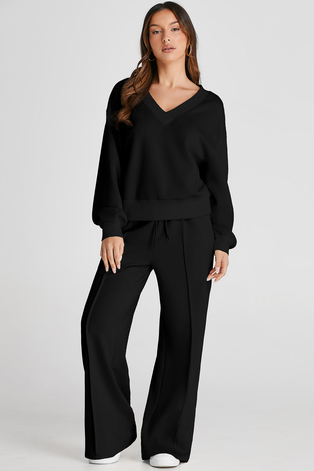 Black V Neck Sweatshirt & Seamed High Waist Pants Set