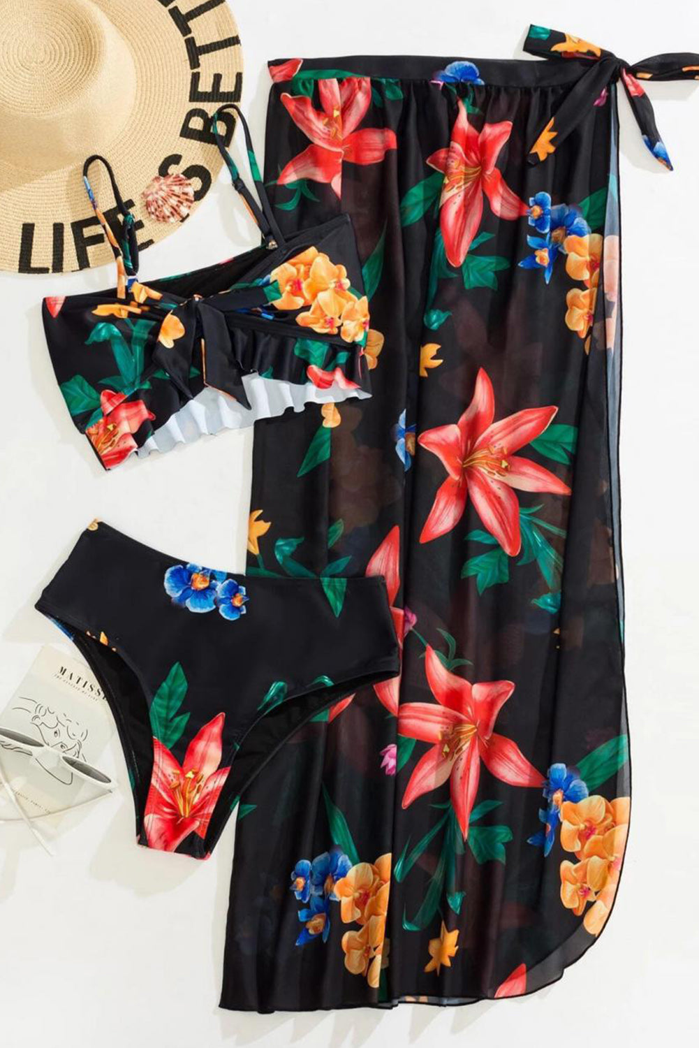 Black 3pcs Floral Bikini with Cover-up Swimsuit