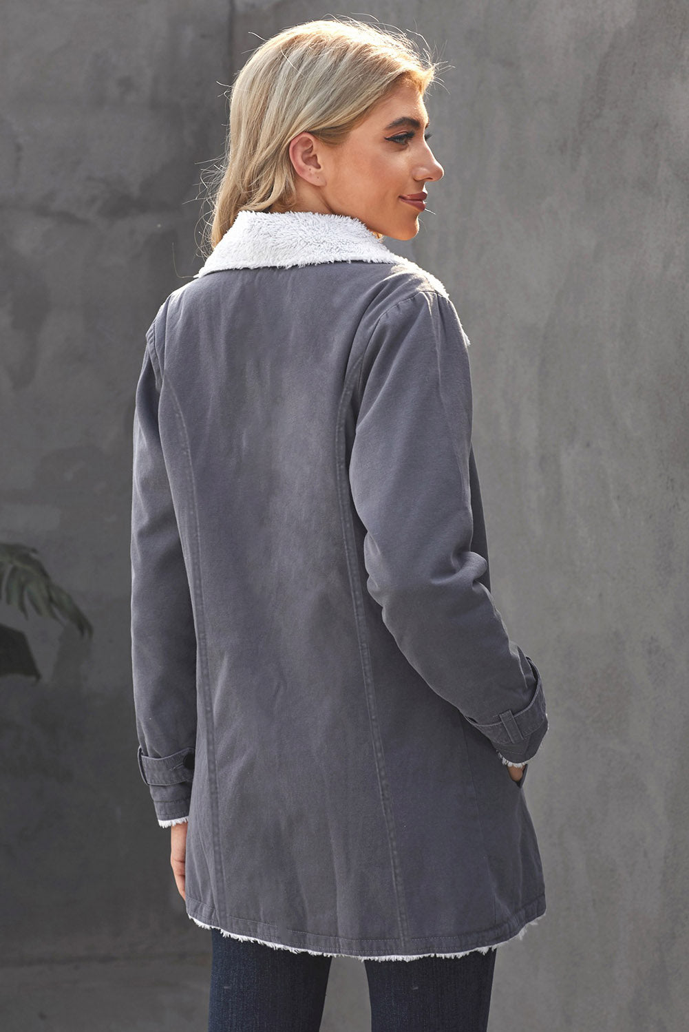 Gray Lapel Collar Fleece Jacket(Plus Size Available)