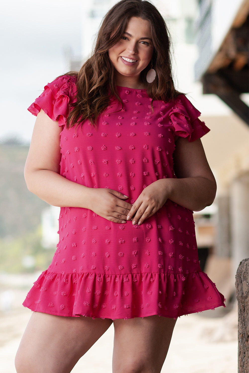 Strawberry Pink Plus Size Jacquard Short Ruffle Sleeve Mini Dress