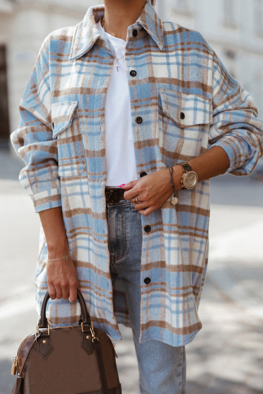 Sky Blue Plaid Long Sleeve jacket(Plus Size Available)